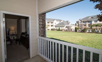 Private patio or balcony with storage at Hawthorne at Horse Pen Creek